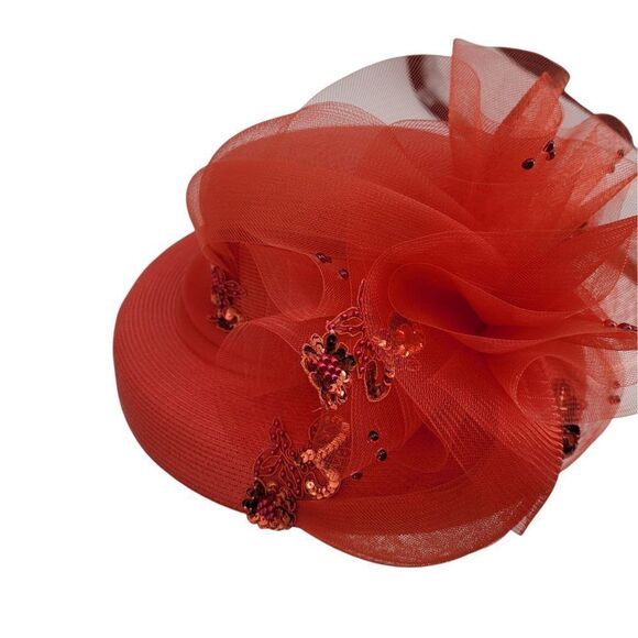 Vintage Ms Divine Red Hat Church‎ Derby Netted Bow Flower Sequin Applique Sraw - Picture 7 of 10